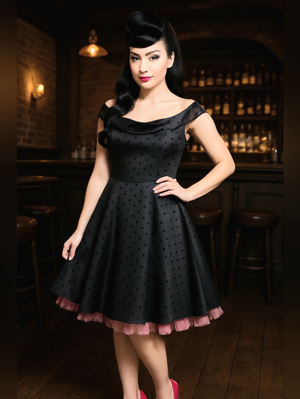 Vintage Black Polka Dot Satin Fit-and-Flare Dress Off Shoulder W/Pink Crinolone